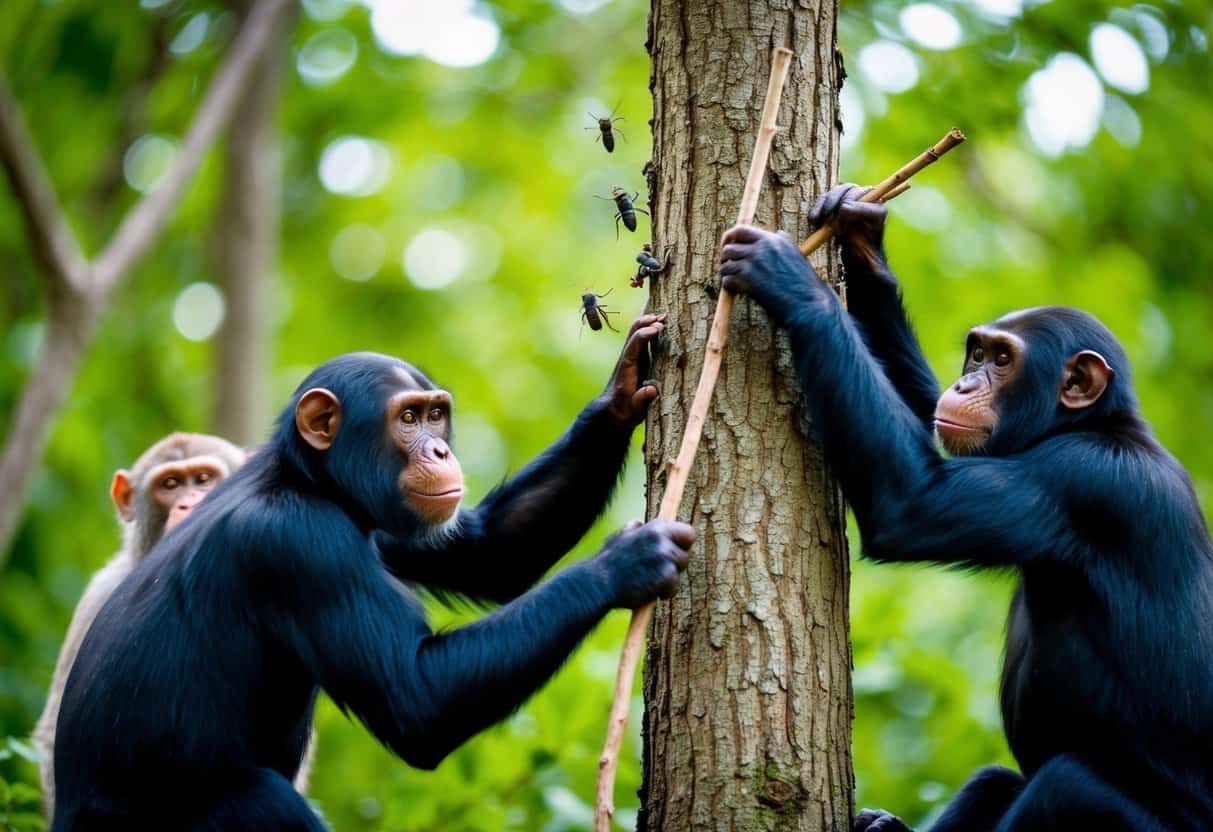 Apes using sticks to extract insects from a tree trunk, while others communicate through gestures and vocalizations