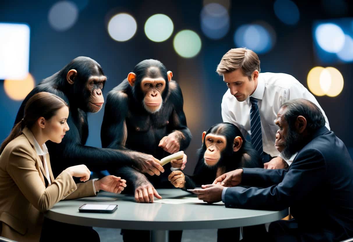 A group of apes and humans are presented with a complex problem-solving task. The humans quickly collaborate and devise a solution, while the apes struggle to understand and work together