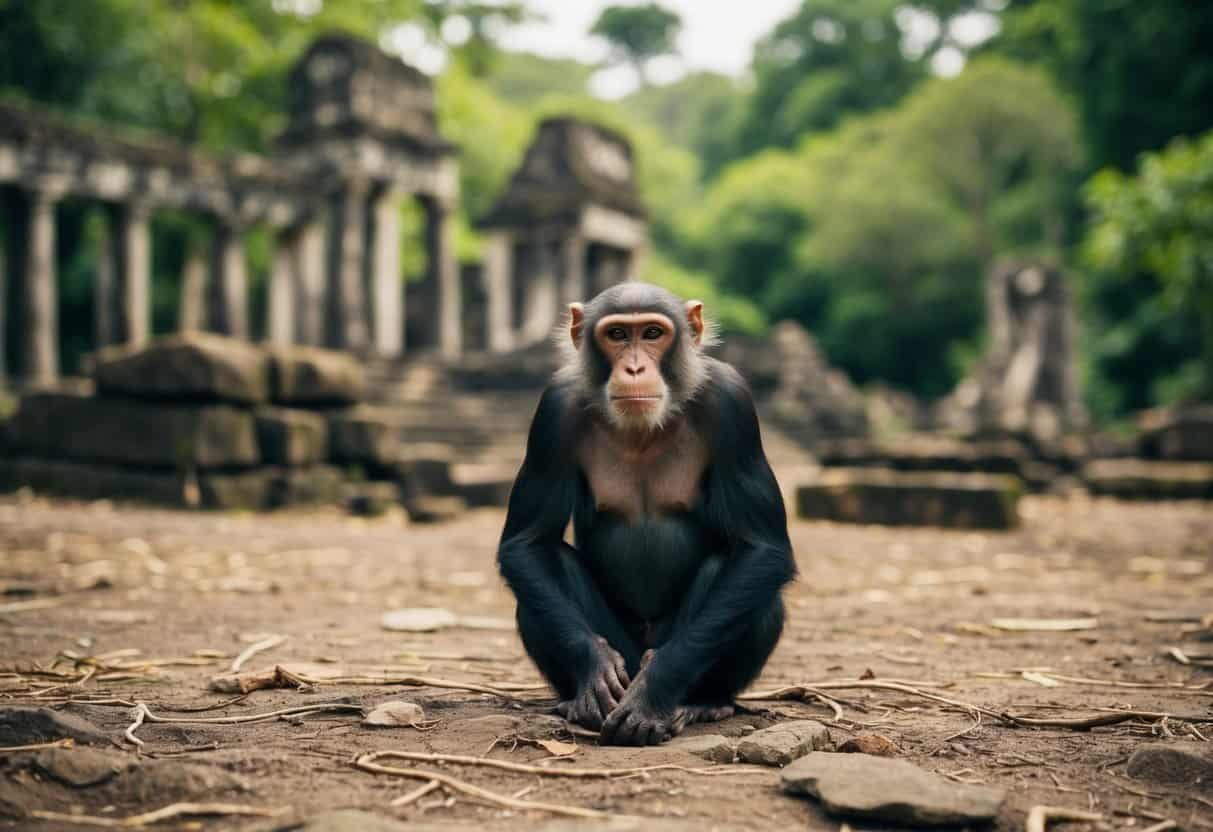 A jungle clearing with a wise, elderly primate surrounded by ancient ruins