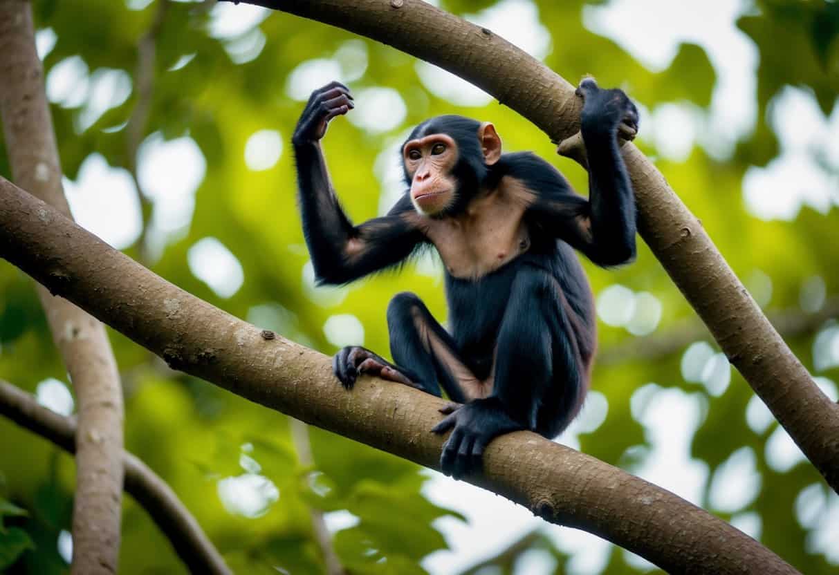 A primate perched in the treetops, mimicking the gestures of its peers
