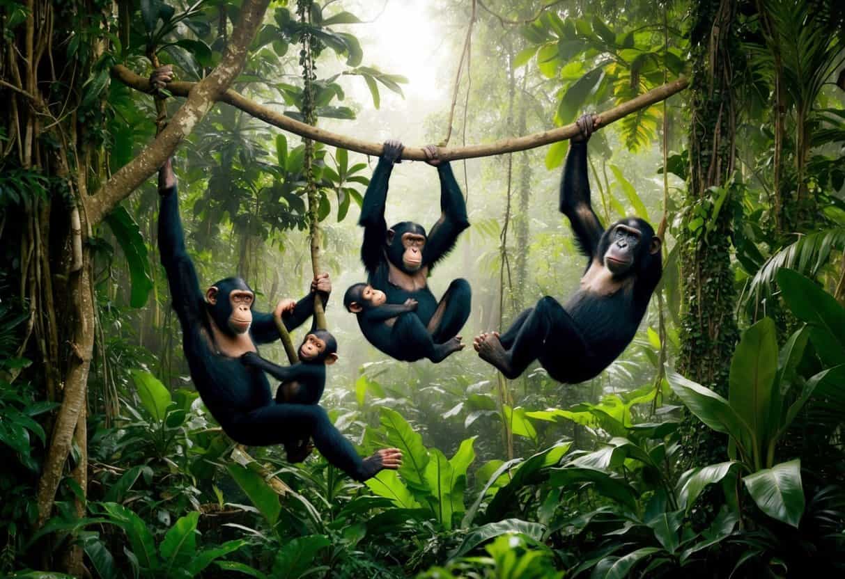 A dense jungle with various species of great apes swinging through the trees, foraging for food, and caring for their young