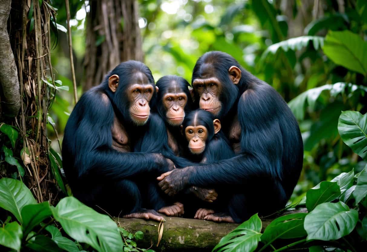 A family of great apes huddled together in a lush, dense jungle setting, with a mix of worry and hope in their eyes