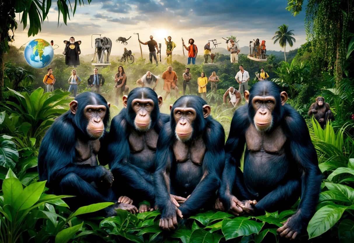 A group of apes lounging in a lush jungle, while in the background, a diverse array of human activities and achievements are depicted