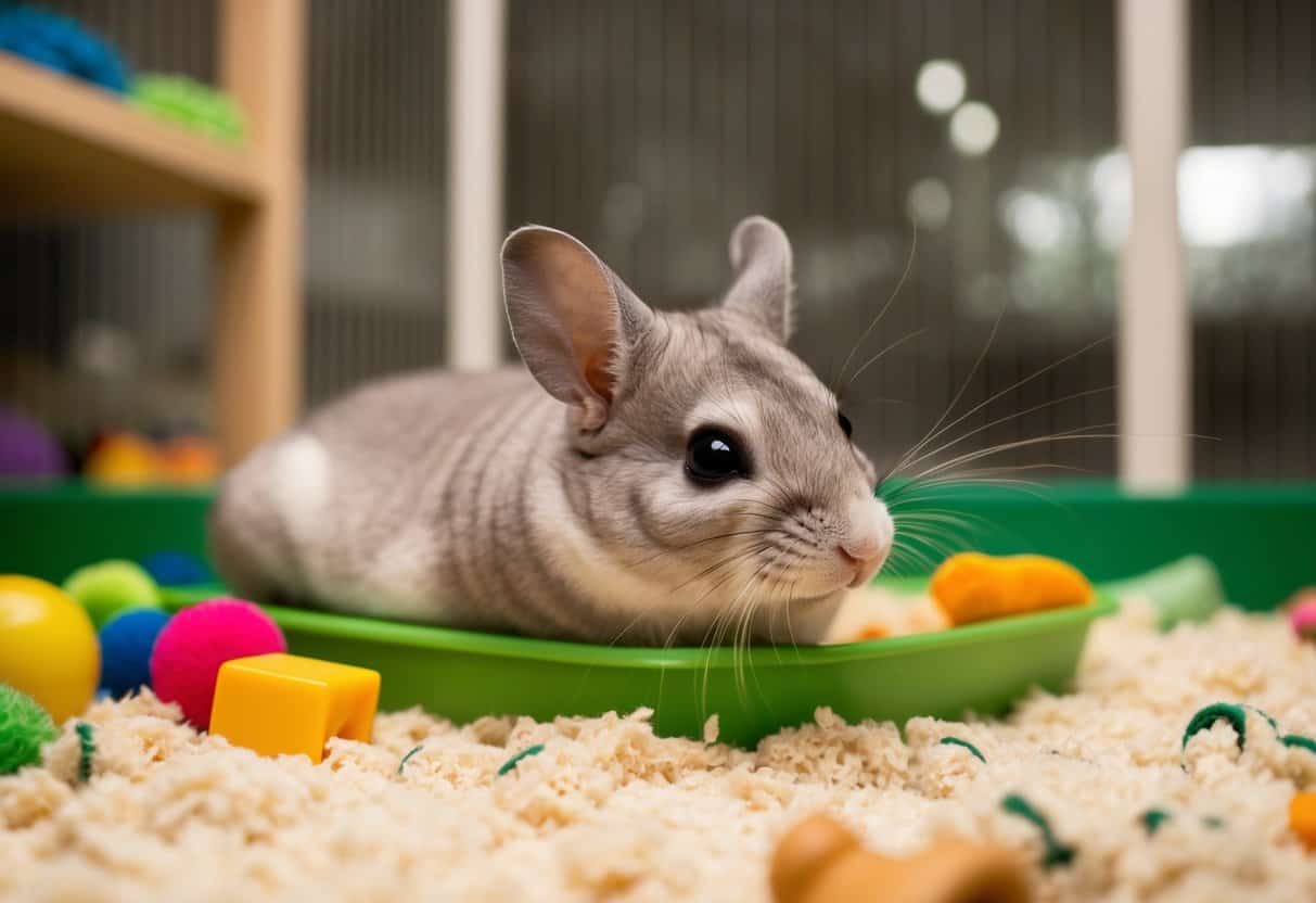 A chinchilla lounging in a spacious, well-maintained enclosure, surrounded by toys and fresh bedding, with a healthy, shiny coat and bright, alert eyes