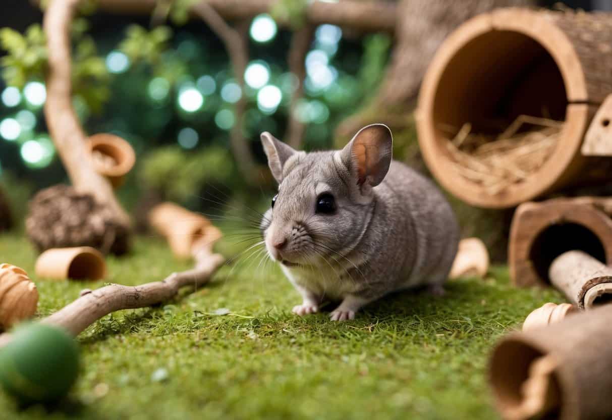 A chinchilla surrounded by a spacious, natural habitat with plenty of room to roam, climb, and explore. A variety of enrichment items such as branches, tunnels, and hiding spots are scattered throughout the environment