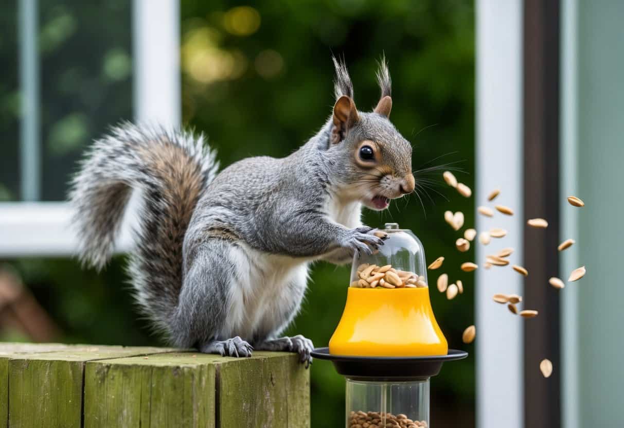 A grey squirrel raids a bird feeder, scatters seeds, and gnaws on wood, while a frustrated homeowner looks on from the window