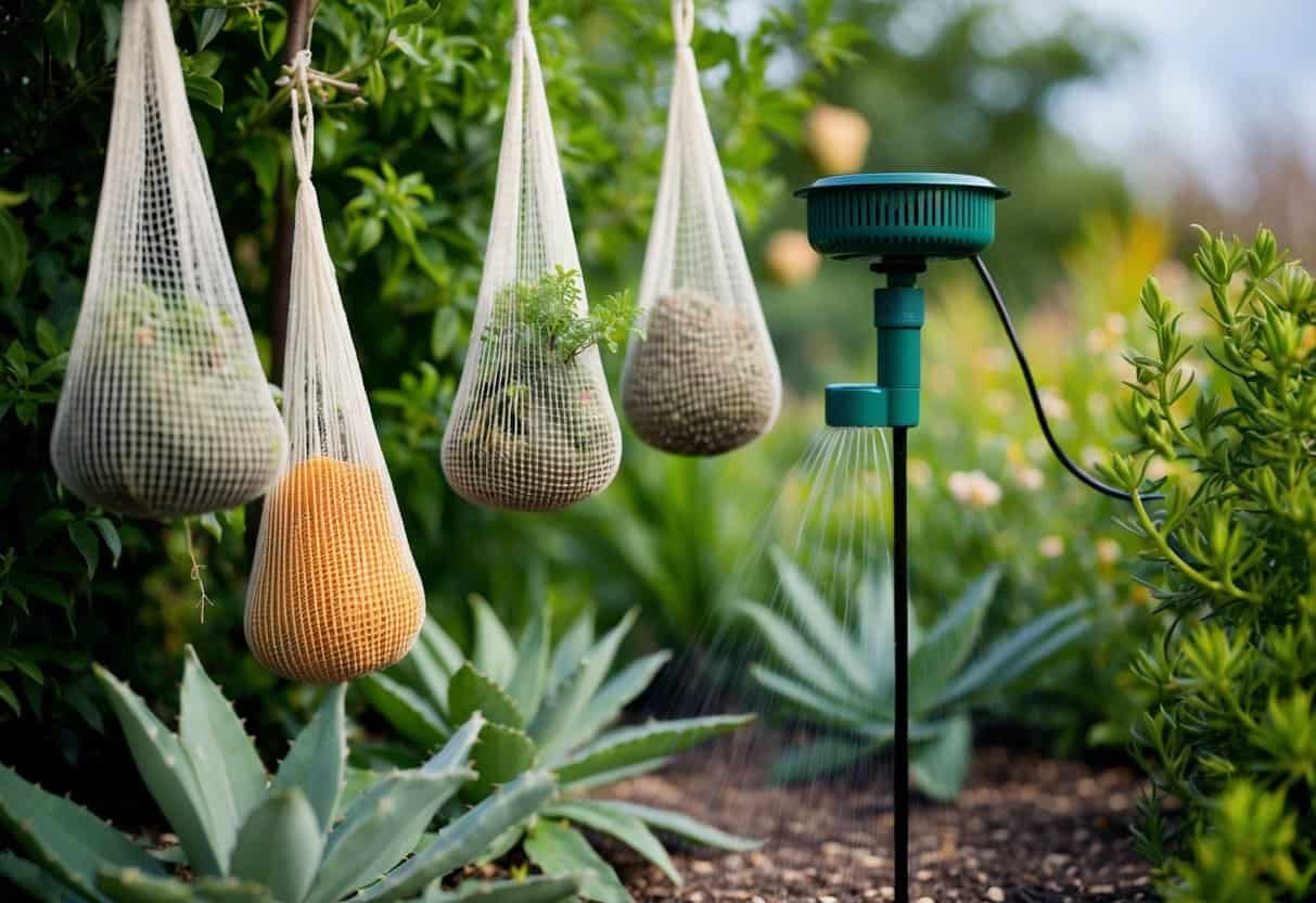 A garden with hanging mesh bags filled with strong-smelling spices and herbs, surrounded by plants with prickly leaves and a motion-activated sprinkler system
