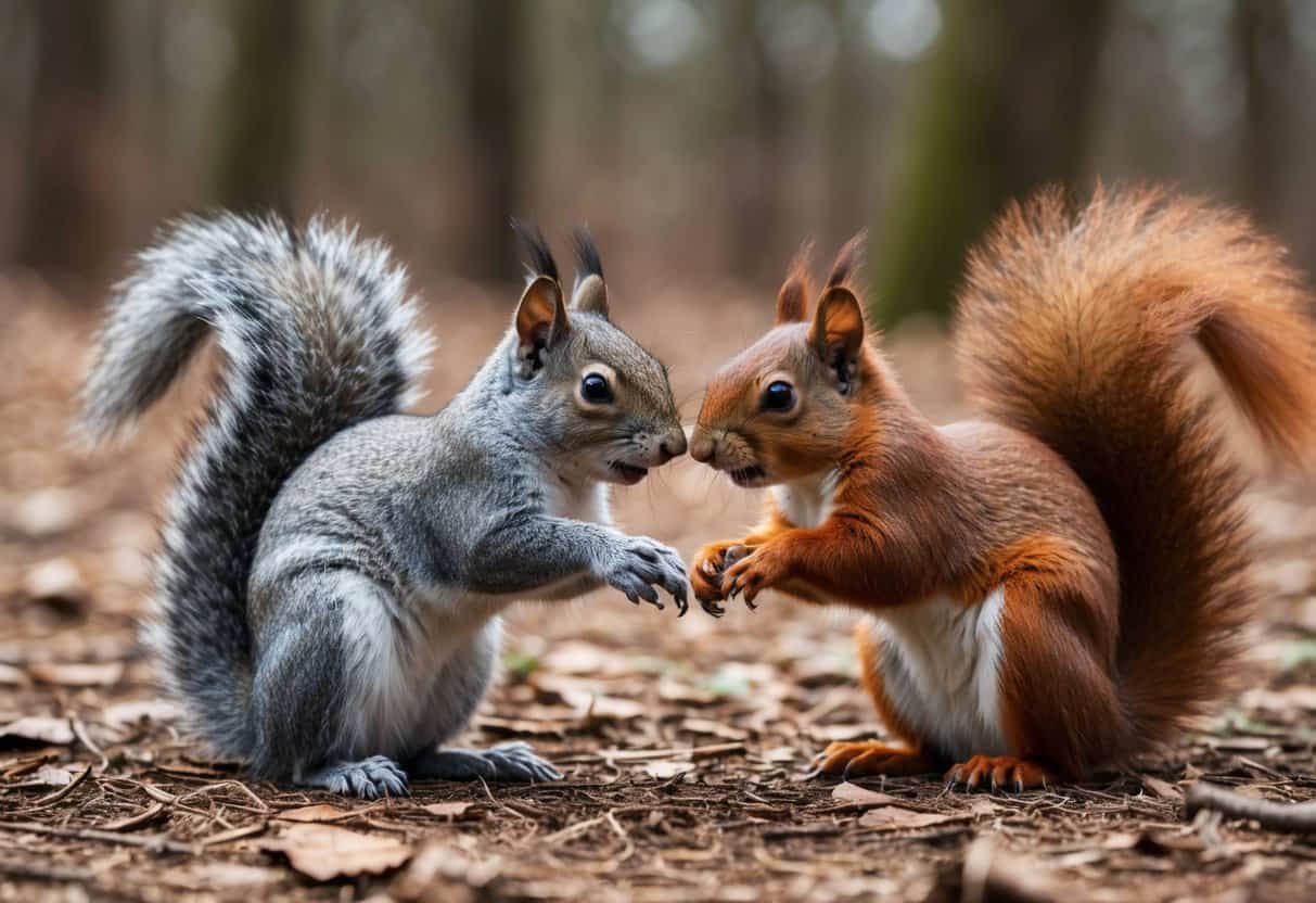 A grey squirrel and a red squirrel cautiously approach each other in a woodland clearing, their bodies tensed with curiosity and uncertainty