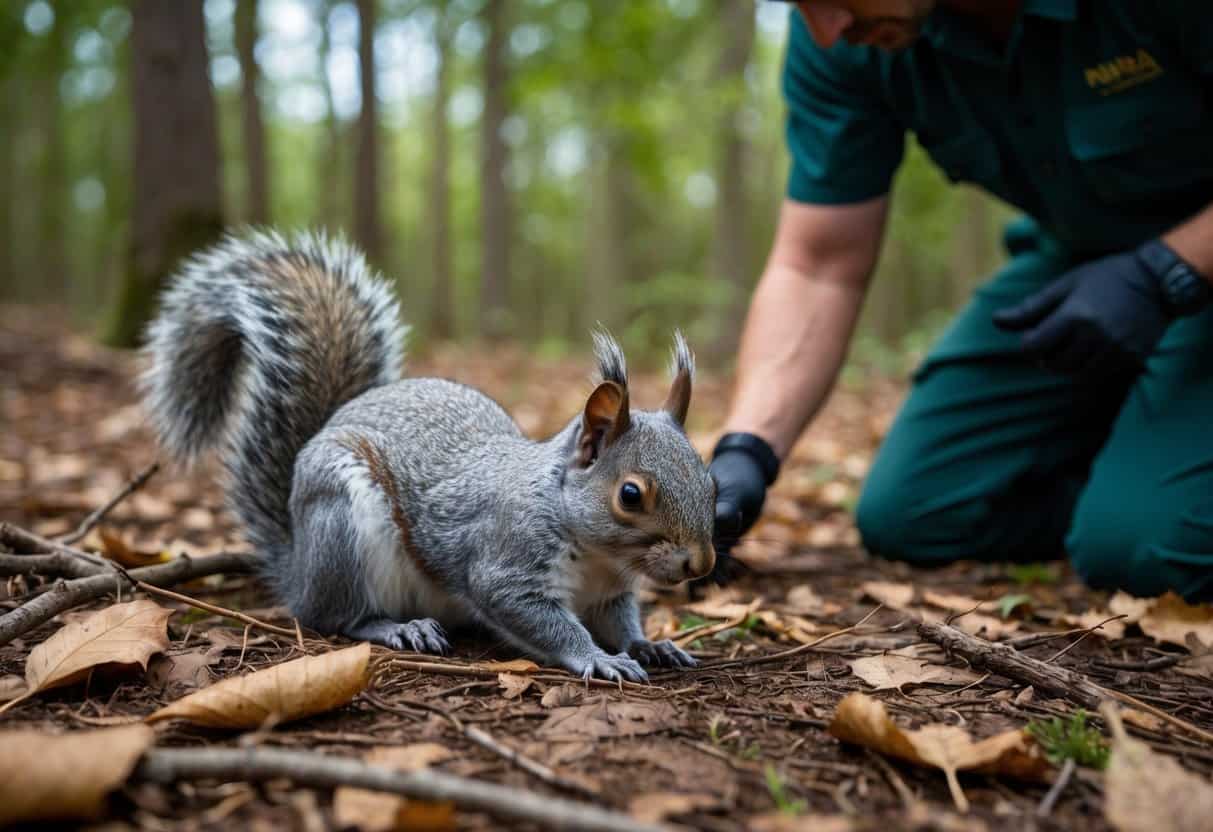 A grey squirrel lies injured on the forest floor, surrounded by fallen leaves and twigs. Nearby, a wildlife professional kneels down to assess the animal's condition