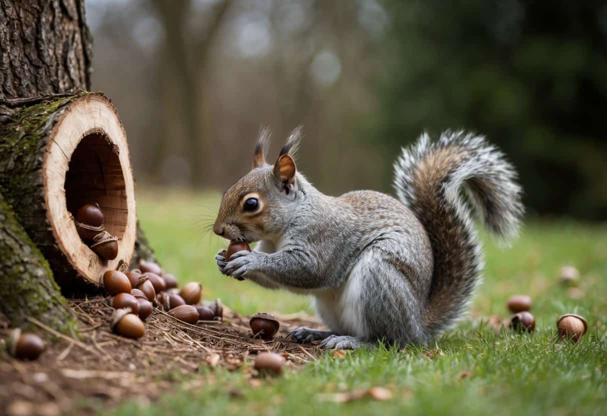 Squirrels store acorns in tree hollows, bury them in the ground, and forage for hidden food in the winter UK