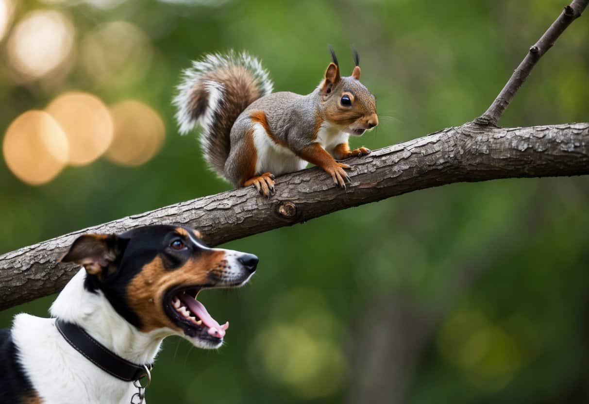 A squirrel perched on a tree branch, cautiously eyeing a dog below. The dog is barking and lunging, causing the squirrel to retreat further up the tree