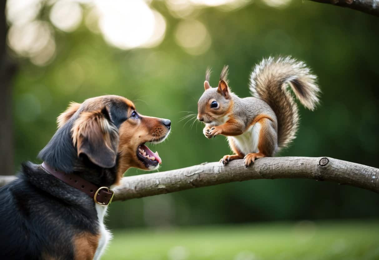 A small dog barking at a squirrel perched on a tree branch, the squirrel looking down nervously