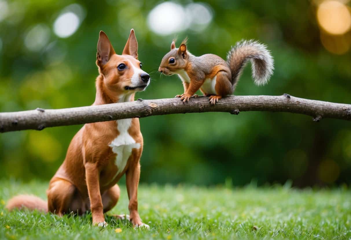 A squirrel perched on a tree branch, with a curious dog looking up at it from the ground below