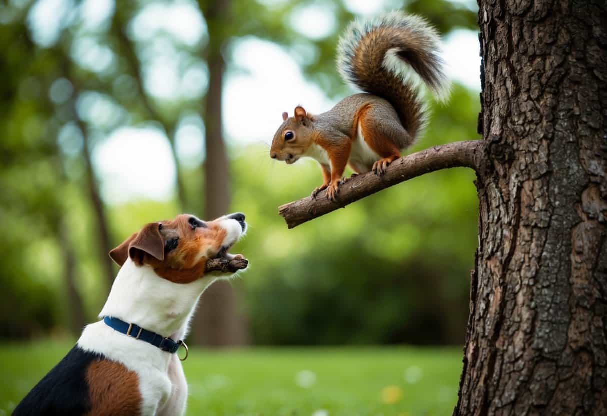 A squirrel perched on a tree branch, with a concerned dog looking up at it from the ground