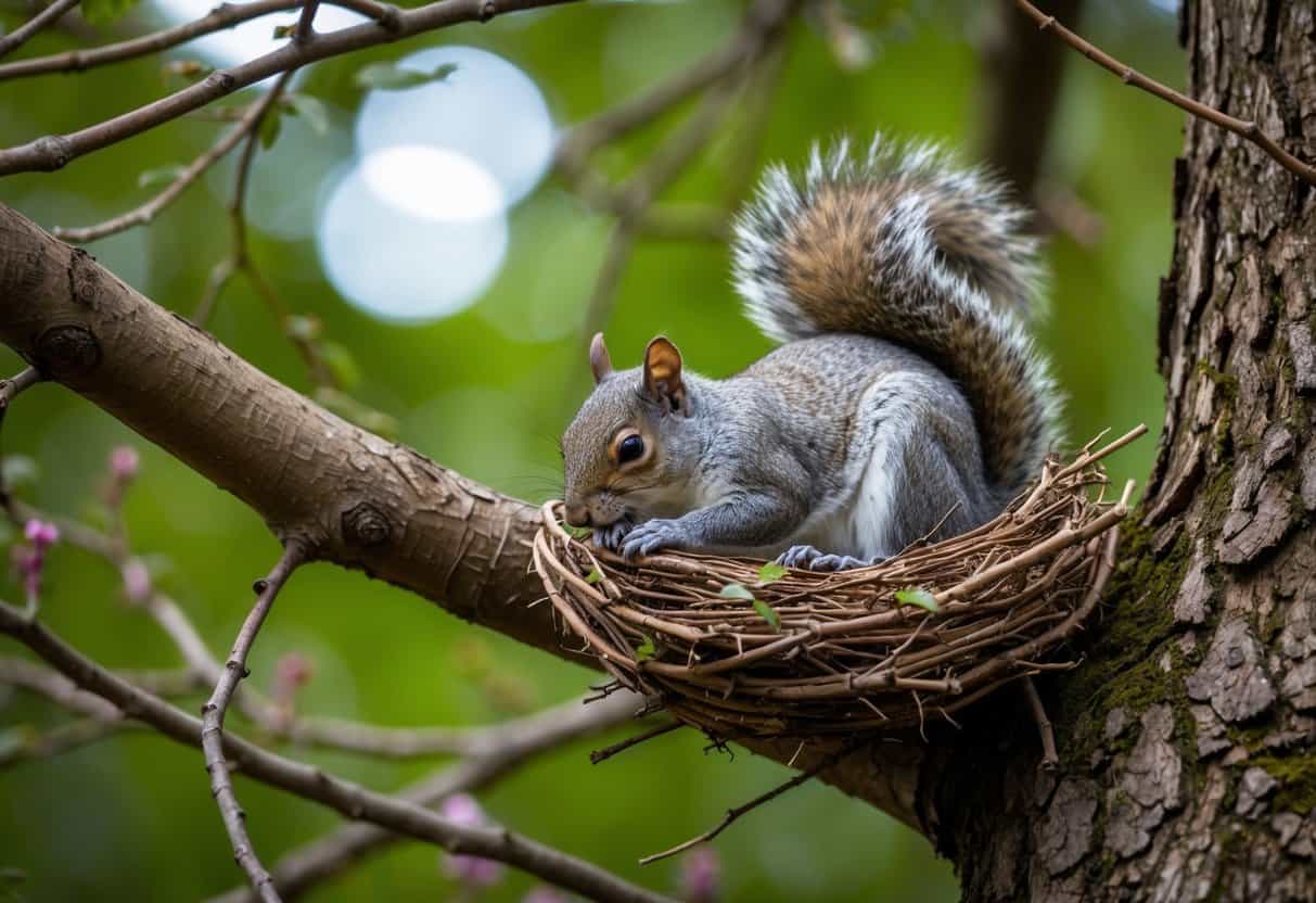 A grey squirrel sleeps in a cozy nest made of leaves and twigs, high up in the branches of a tree