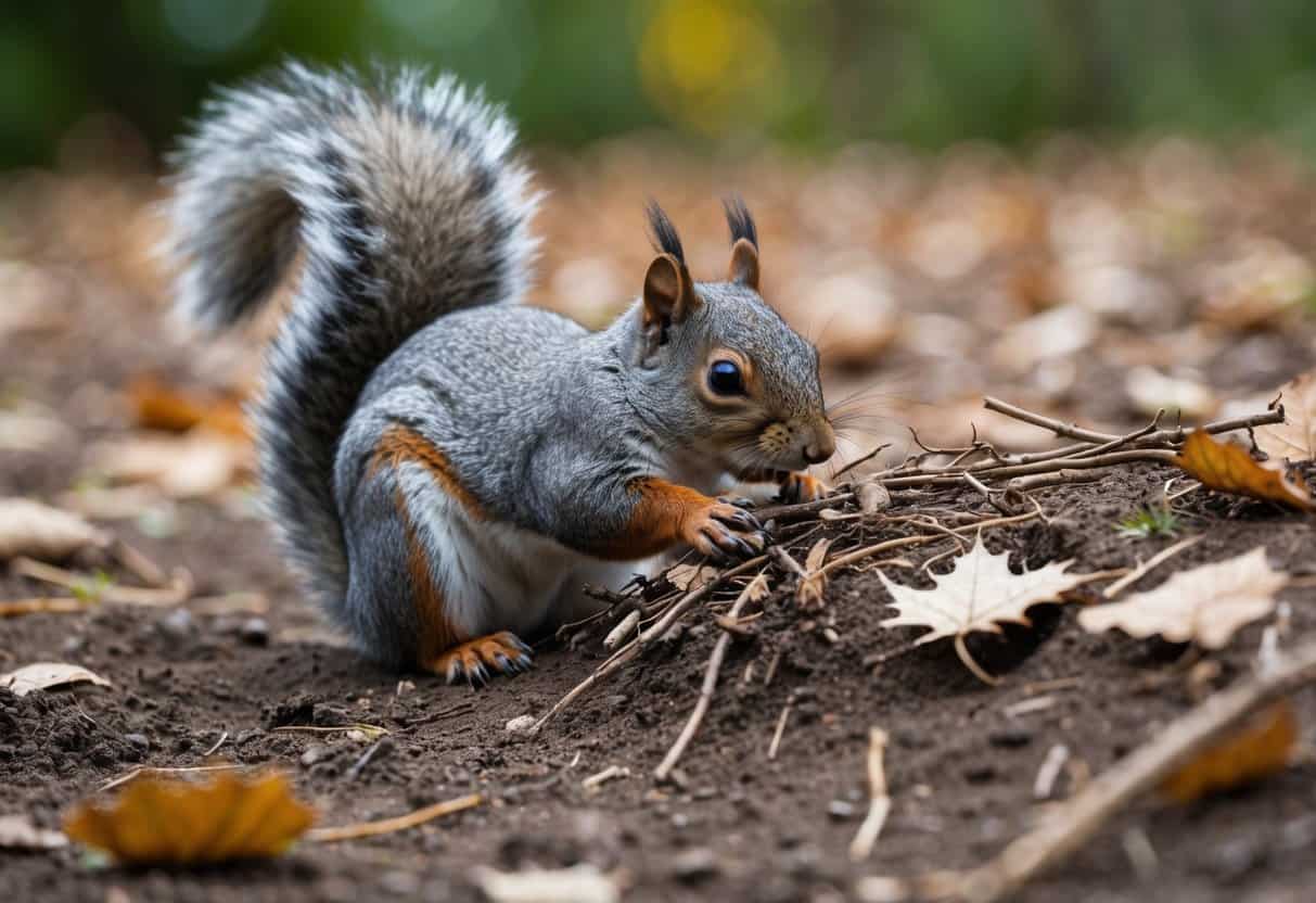 A grey squirrel digs a shallow burrow in the ground, lining it with leaves and twigs to create a cozy nest