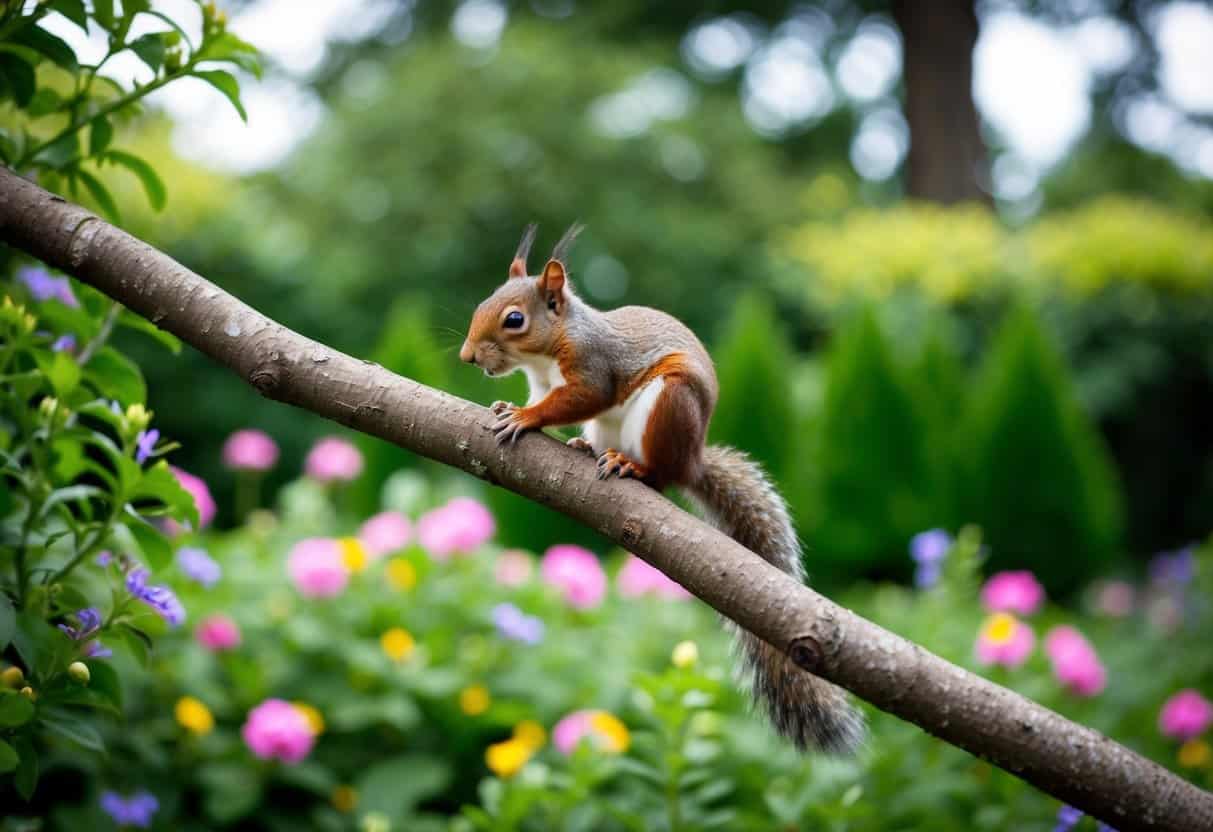 A squirrel perched on a tree branch in a garden, surrounded by lush greenery and flowers