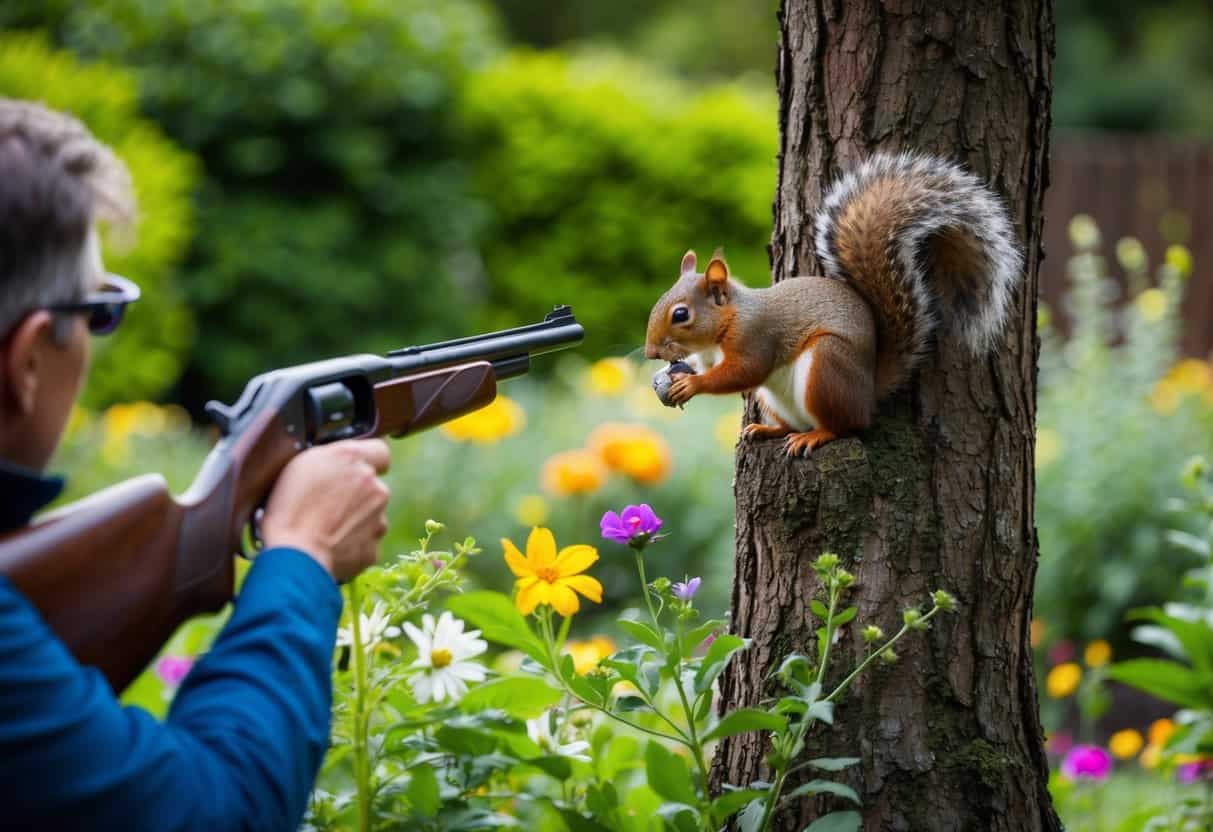A garden with a squirrel perched on a tree, surrounded by plants and flowers. A person with a gun is aiming at the squirrel