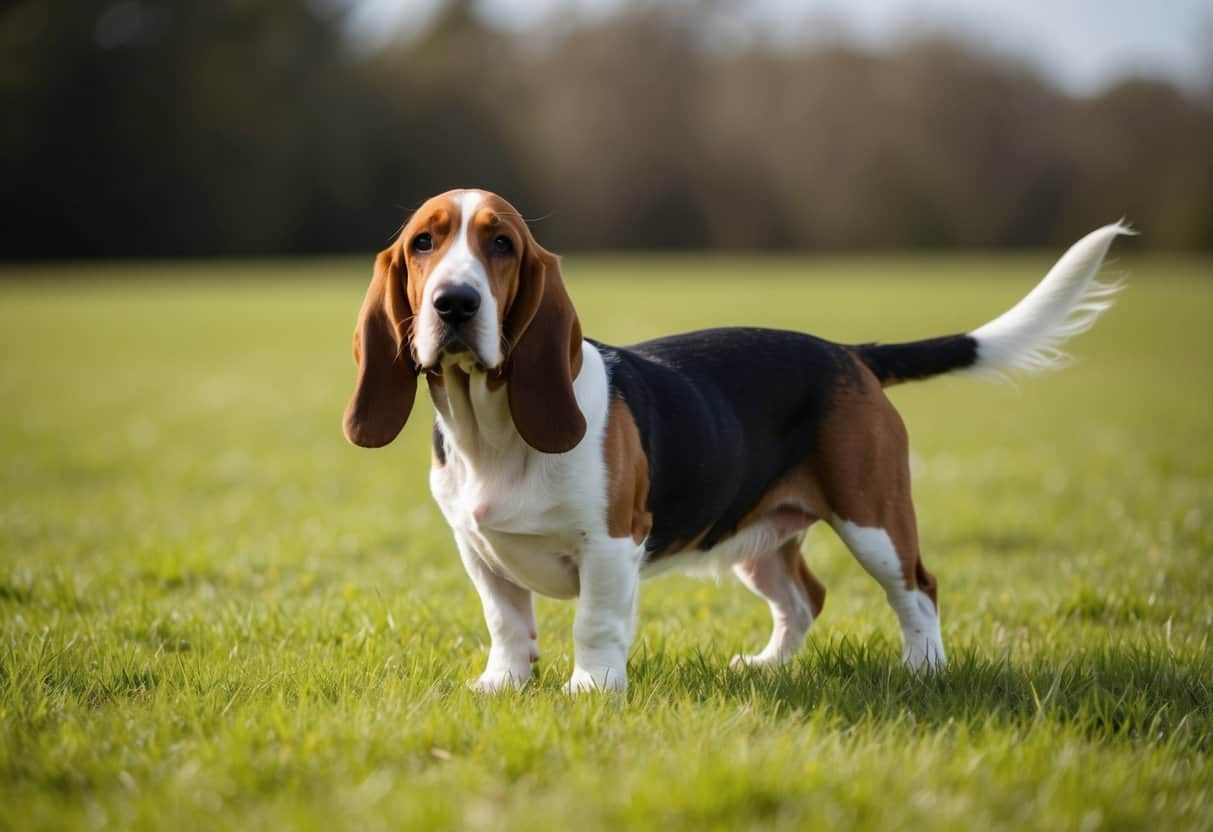 A small dog with short legs and a long body, resembling a basset hound, stands alert in a grassy field, ears drooping and tail wagging