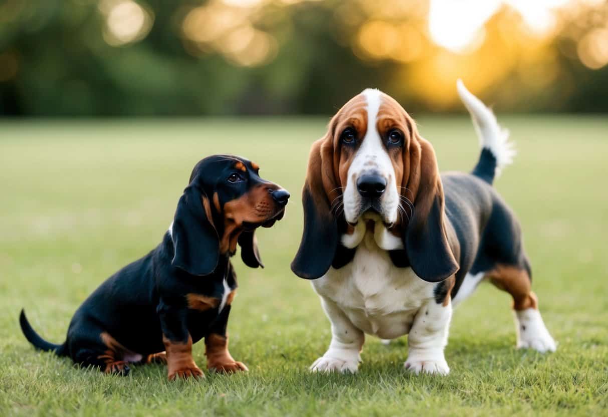 A miniature Basset Hound stands next to a smaller dog with similar features, such as long ears and a droopy expression