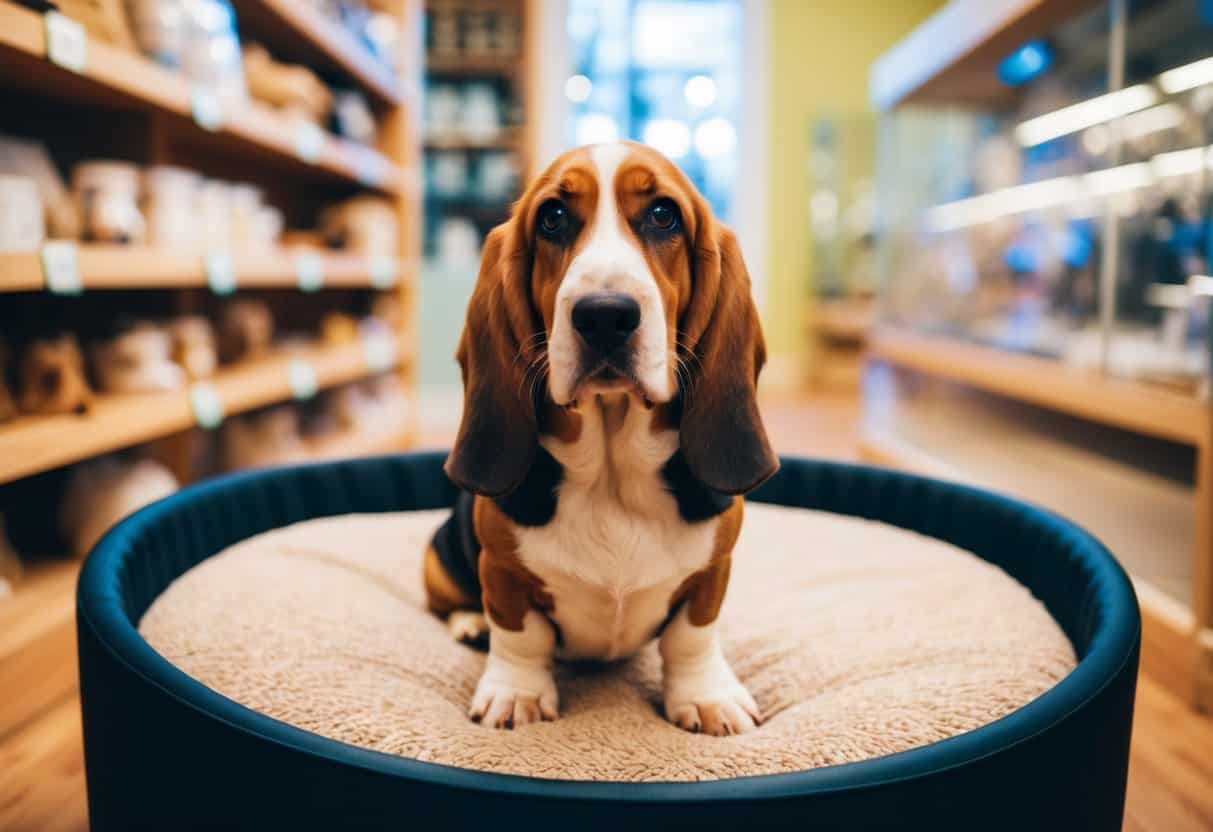 A small dog resembling a basset hound, with short legs and long ears, sits in a cozy pet store display