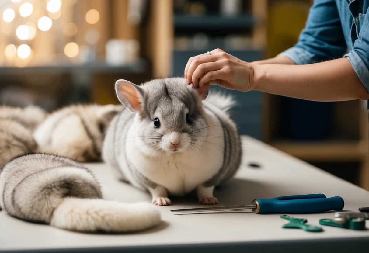 A chinchilla fur coat being assembled with chinchilla pelts and sewing tools on a worktable