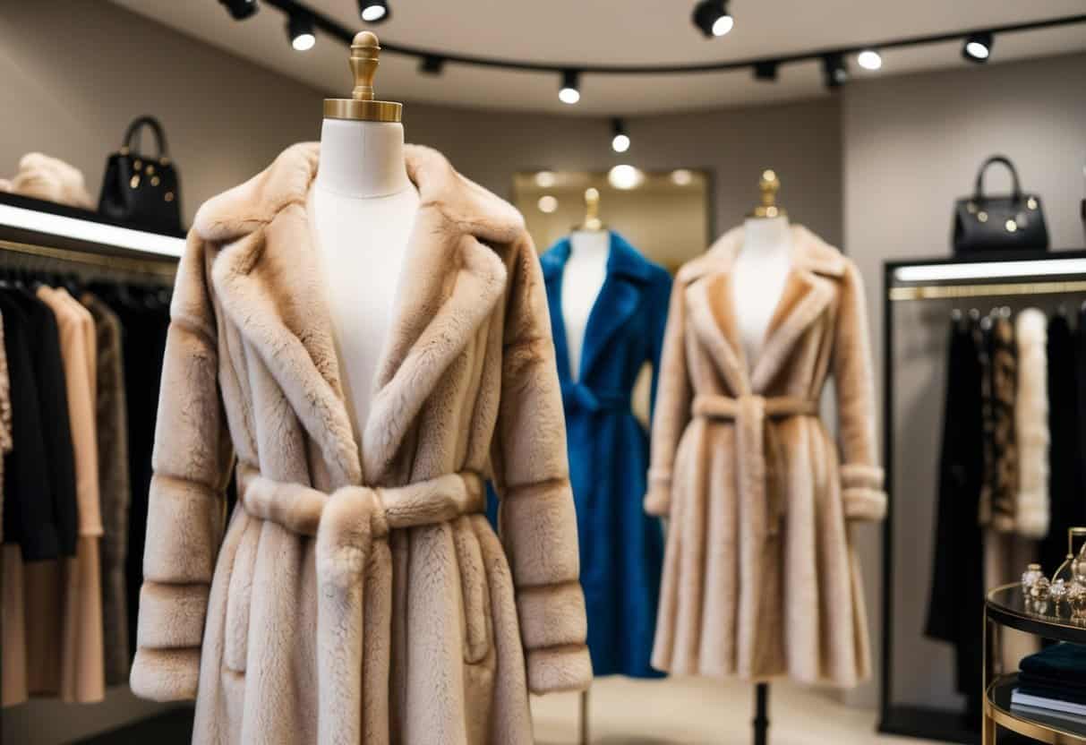 A glamorous chinchilla coat displayed on a mannequin in a high-end fashion boutique