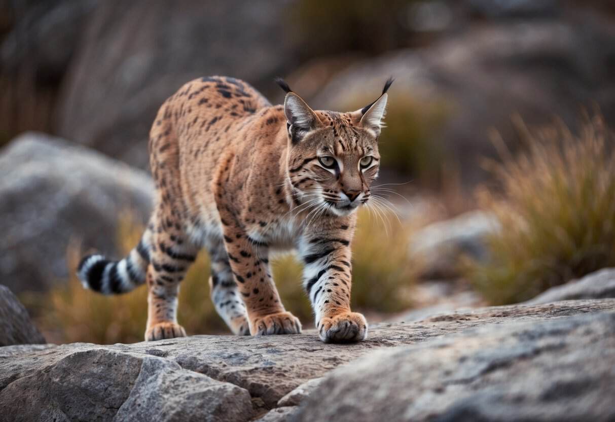A bobcat prowls through a rocky terrain, its sleek body tensed and alert, eyes fixed on its prey