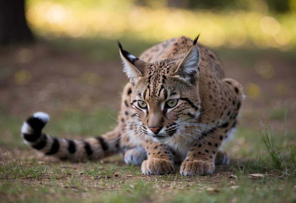 A bobcat crouches low, ears flattened, eyes fixed on prey. Its tail twitches, ready to pounce