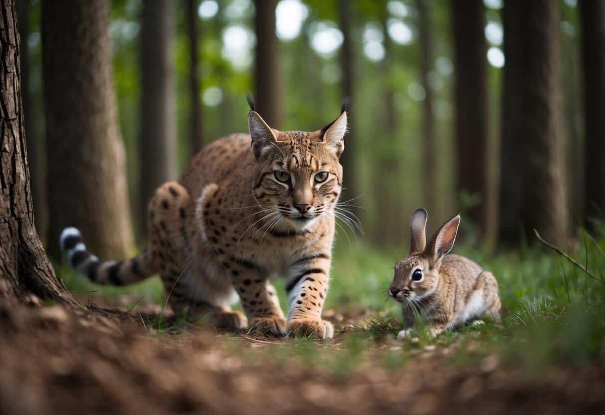 A bobcat prowls through a dense forest, its sharp eyes scanning for prey. It crouches low, ready to pounce on a unsuspecting rabbit