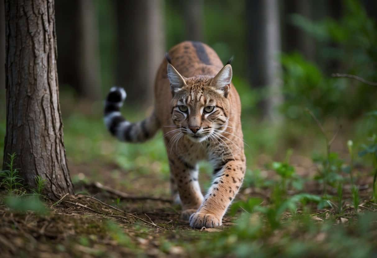 A bobcat prowls through a dense forest, its keen eyes scanning the surroundings. It moves with a sense of controlled power, exuding a quiet confidence in its natural habitat