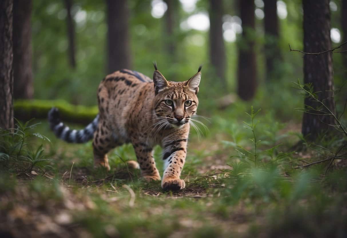 A bobcat stalks through the dense forest, ears alert and eyes focused, ready to pounce on its prey