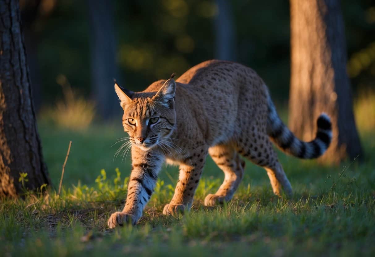A bobcat prowls through a forest, its eyes fixed on a distant target. The setting sun casts a warm glow on the surrounding trees