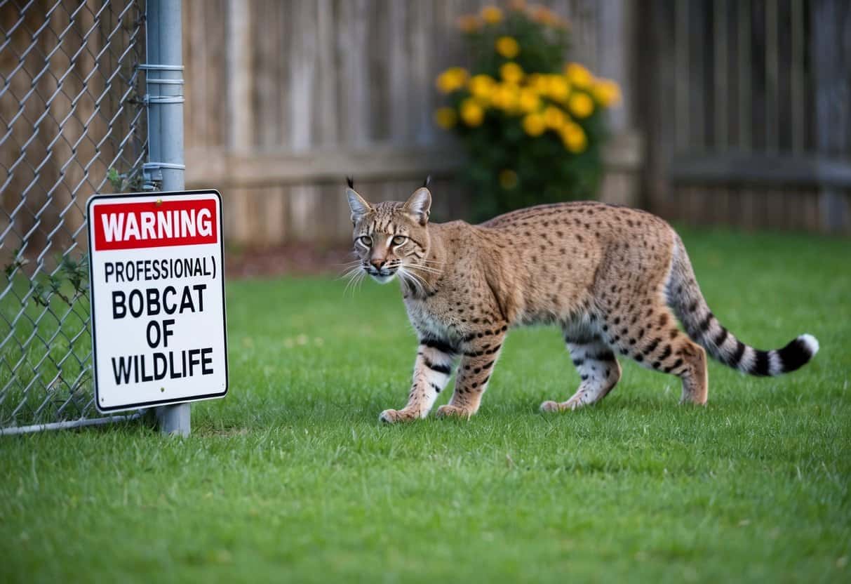 A bobcat prowls near a fenced yard with a sign warning of wildlife