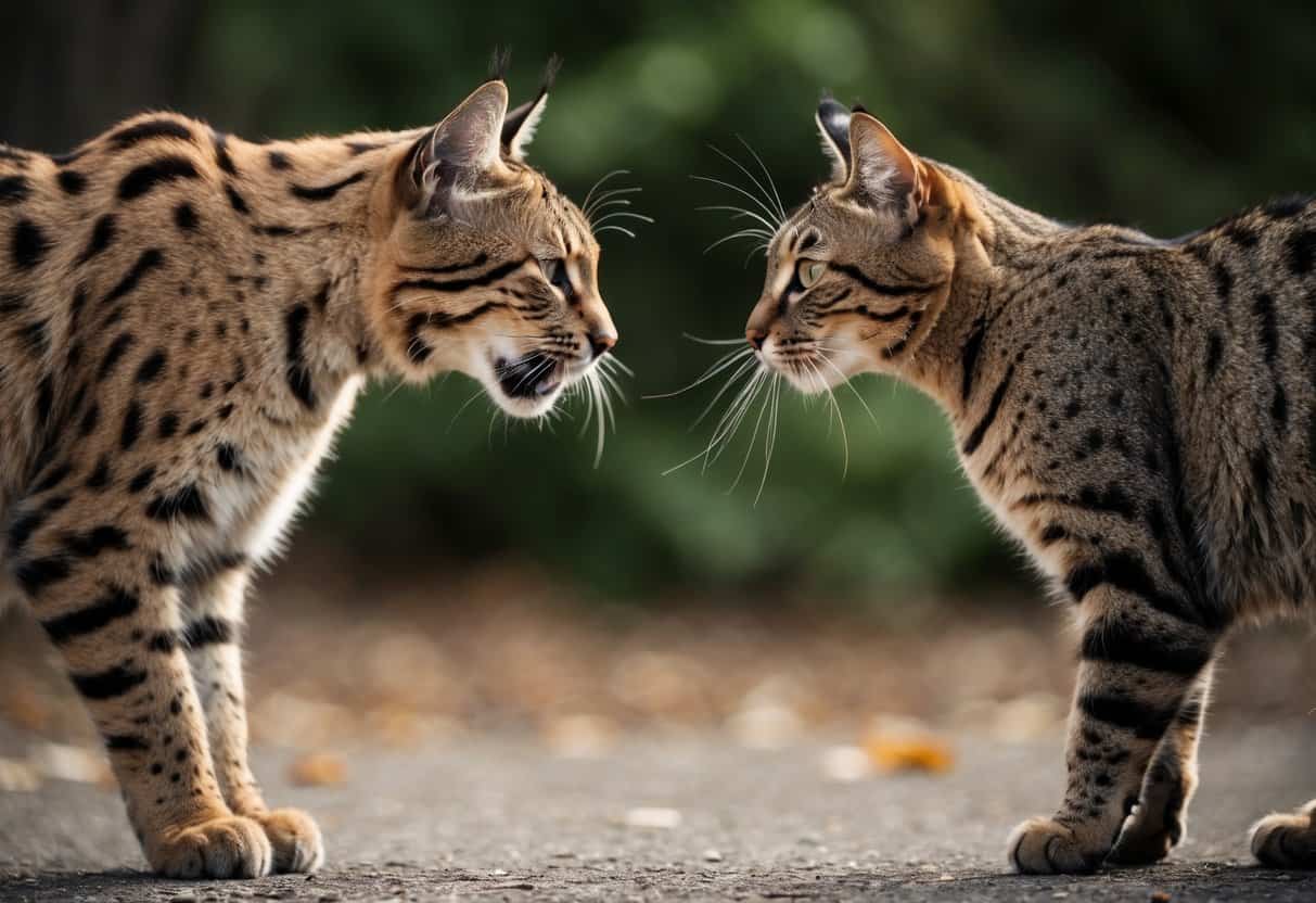 A bobcat and a domestic cat face off in a tense standoff, their bodies tense and tails twitching as they assess each other's intentions