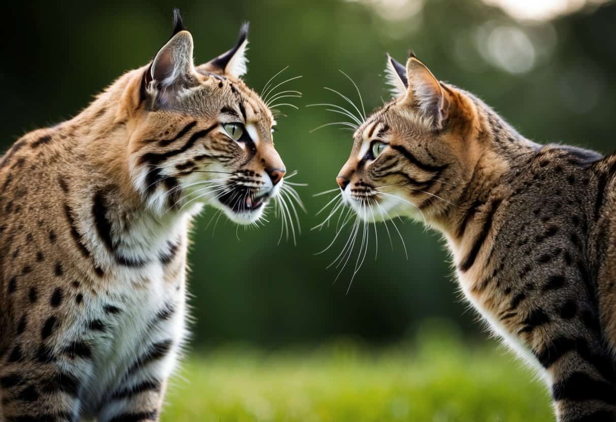 A bobcat and a domestic cat face off in a tense standoff, their bodies poised for a potential fight