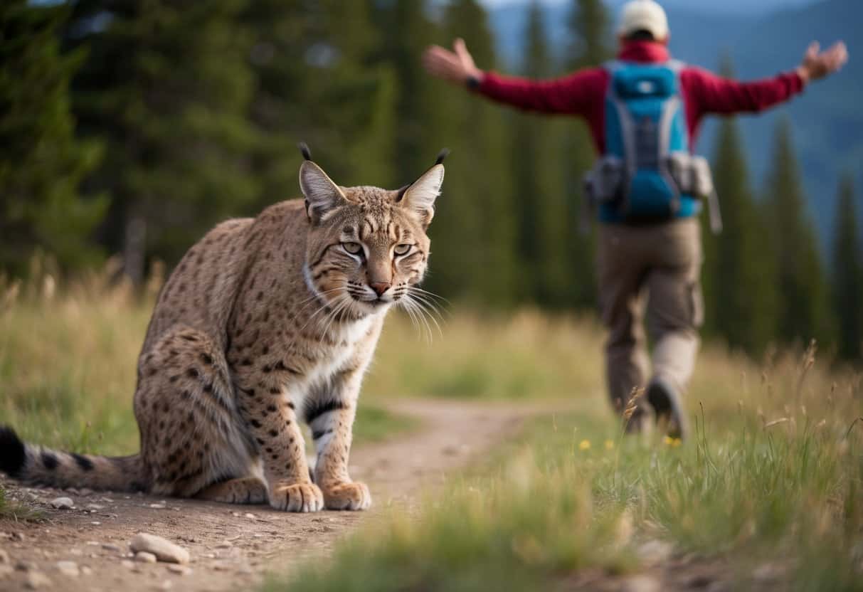 A bobcat crouches, ears flattened, eyes fixed. A hiker backs away slowly, arms raised