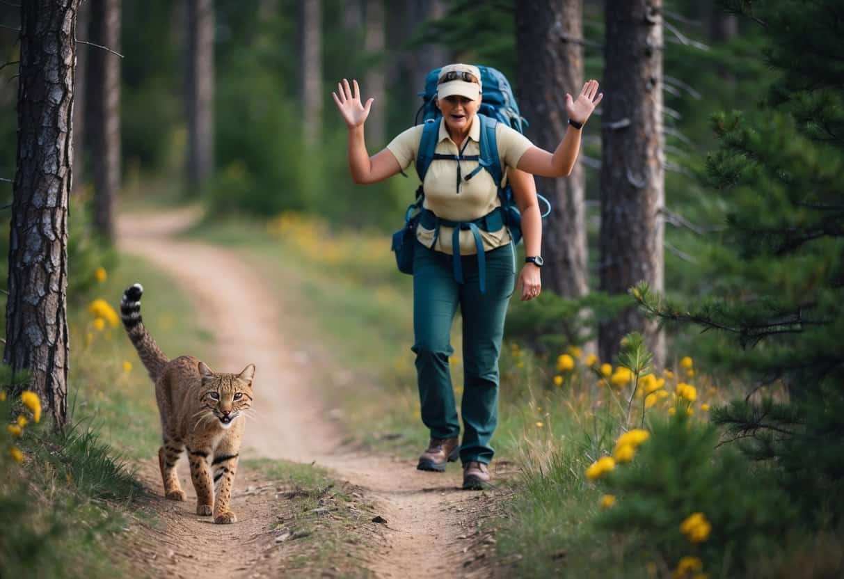 A bobcat cautiously approaches a hiker on a forest trail. The hiker stands tall, making loud noises and waving their arms to deter the bobcat