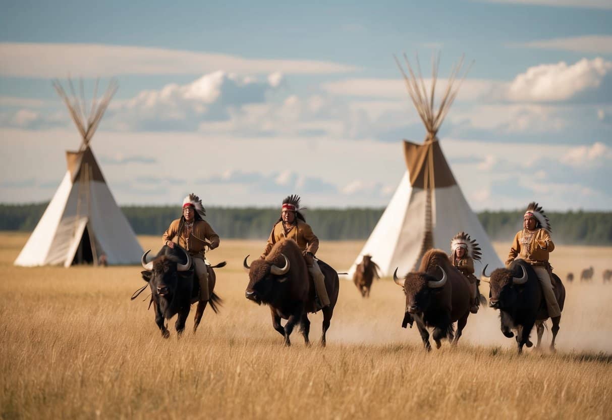 A group of American Indians hunting buffalo on the plains, with teepees in the background